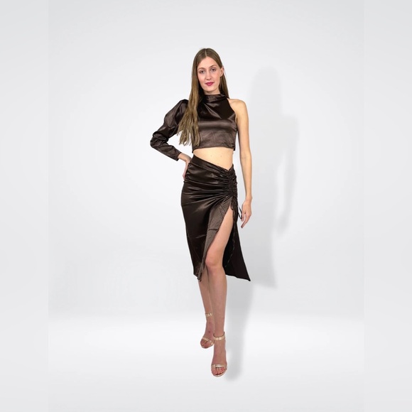 Satin Brown Drawstring Midi Skirt & Top Set - Picture 4 of 6